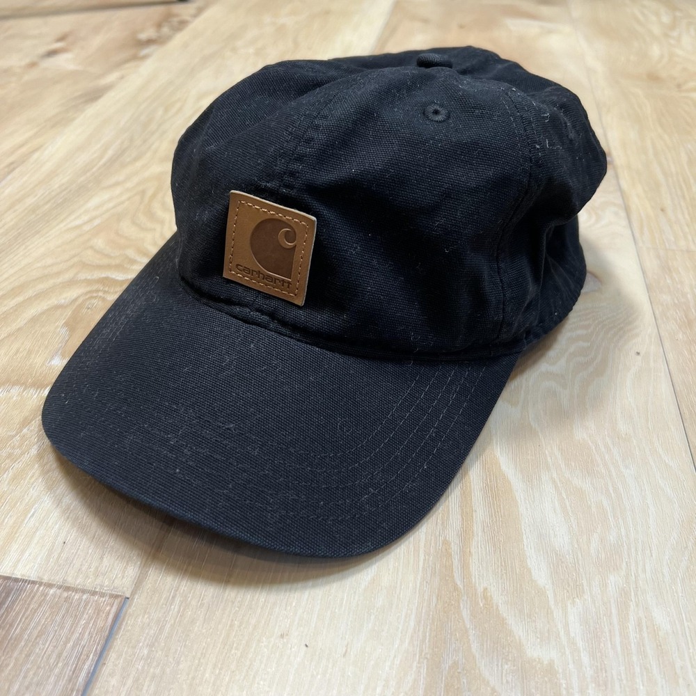 Carhartt Hat Cap Strap Back Mens One Size Black Canvas Leather Patch Logo